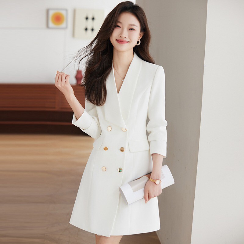 现货白色职业西装连衣裙女春秋2025新款气质高级感女士礼服主持正