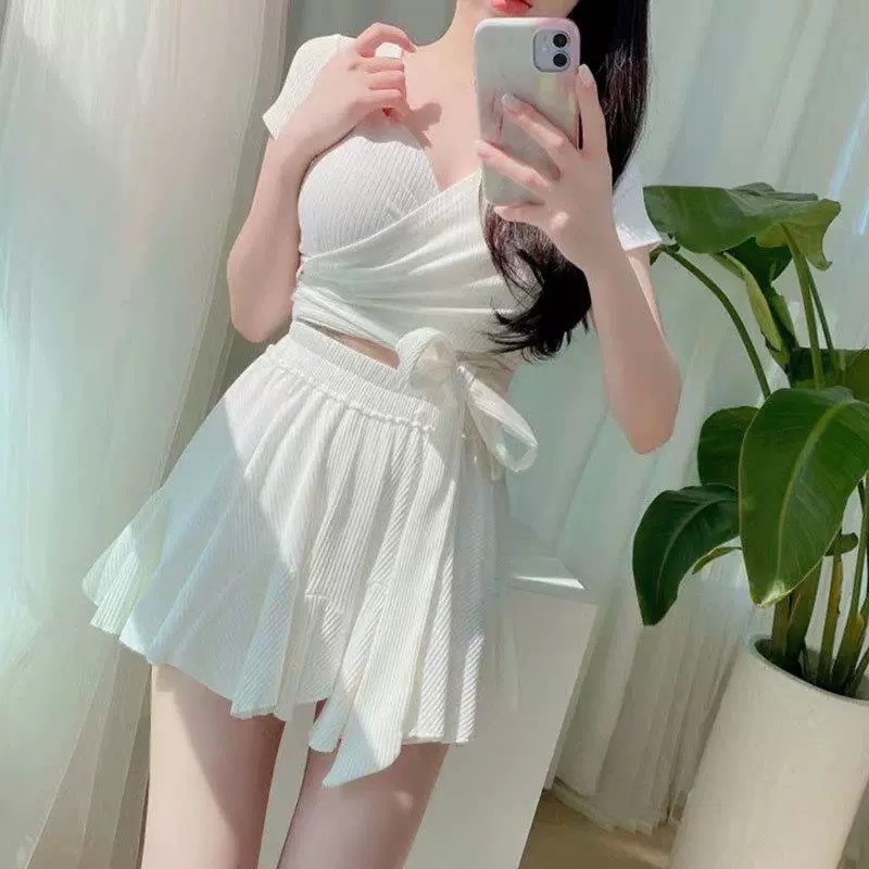 分体泳衣女款新款纯色保守遮肚显瘦大胸法式裙式泡温泉游泳衣女