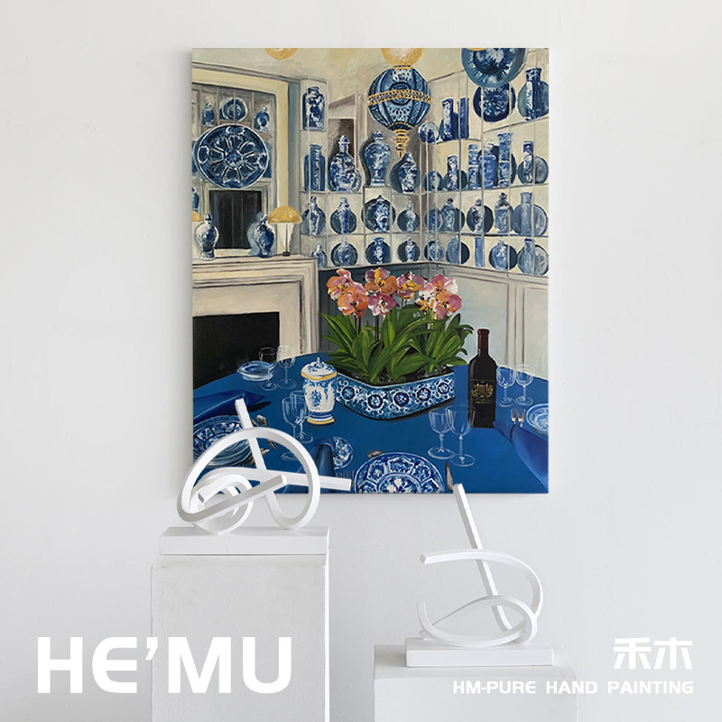 法式中古风餐桌静物青花瓷客厅装饰挂画复古抽象艺术玄关手绘油画图片