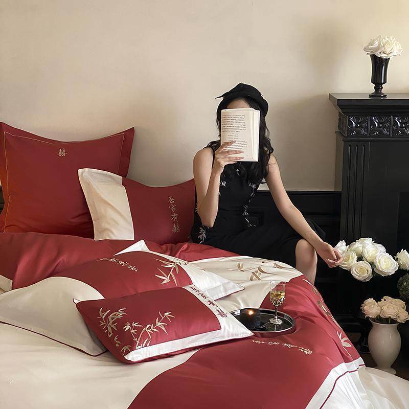 新中式婚庆全棉100S长绒棉床单四件套纯棉刺绣被套结婚床上用品,床上用品,婚庆床品套件,淘宝优惠券,粉丝福利购,淘宝优惠卷