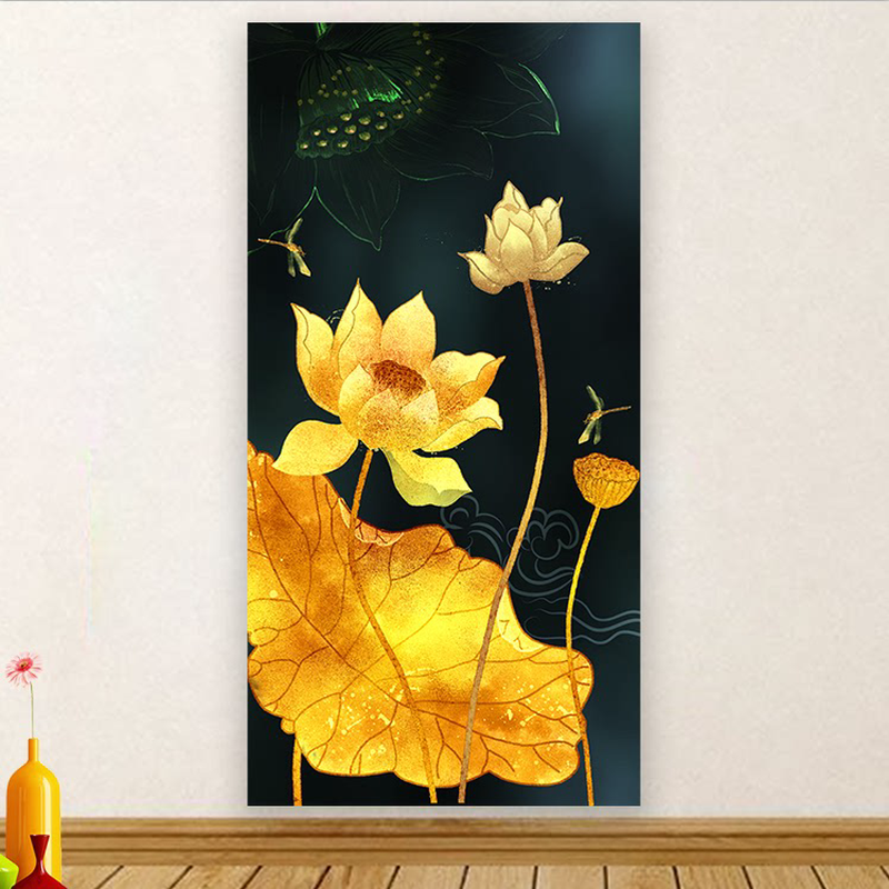 新中式荷花入户玄关装饰画过道走廊卧室挂画金色莲花荷叶墙壁贴画图片