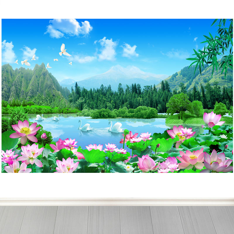 荷花美景装饰自粘贴纸墙画蓝天白云高山远水客厅办公室背景墙贴画图片