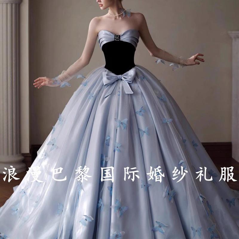 新品蓝色抹胸缎面晚礼服2025梦幻仙女舞台表演声乐成人艺考新娘蓬
