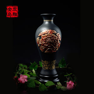 金乌炭雕富贵芙蓉玉堂春花瓶家居装饰工艺品客厅电视柜炭雕大摆件
