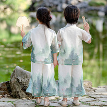 国风高级汉服女童2025新款中式男童套装夏季儿童唐装男孩演出服装