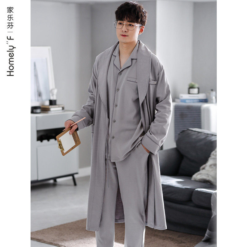 睡衣男士睡袍春秋款秋季纯棉长袖家居服浴袍薄款长款三件套装