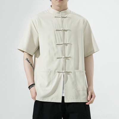 中式夏季透气唐装半袖衬衫中国风复古盘扣汉服男中山装圆领居士服