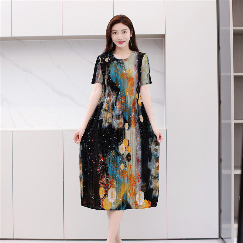 褶皱妈妈夏季时尚魔术裙气质减龄风琴折显瘦印花子