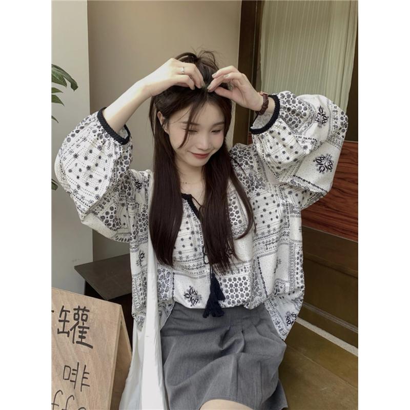 大码胖妹妹mm春季法式复古系带设计感小众别致长袖衬衫女宽松上衣