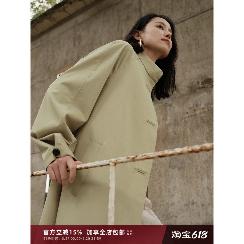 芝美日禾 新中式国风廓形豆绿色中长款醋酸风衣女早秋