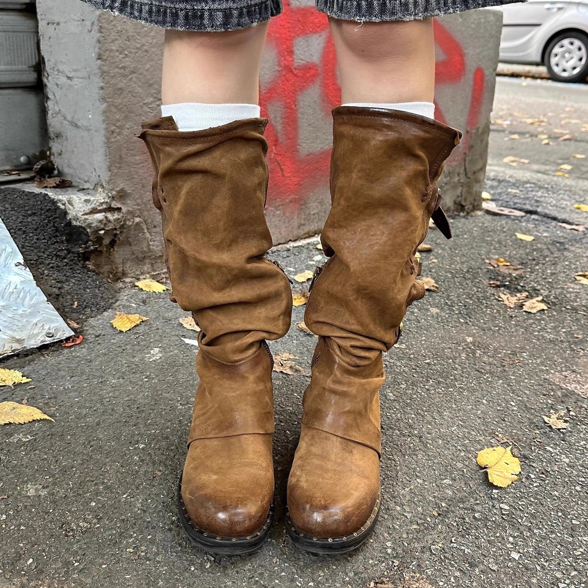 做旧皮带扣古着中筒靴侧拉链粗跟高筒长靴中古堆堆靴复古骑士靴女