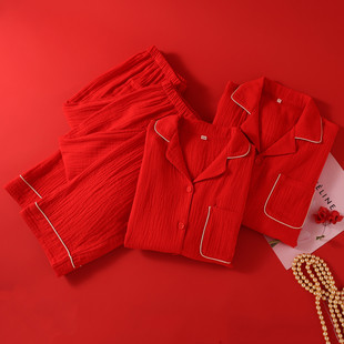 喜庆结婚睡衣新婚情侣春秋季纯棉长袖红色本命年男女士家居服套装