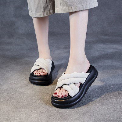 直销真皮厚底松糕凉拖鞋女外穿2025新款超软小羊皮宽胖脚大码休闲