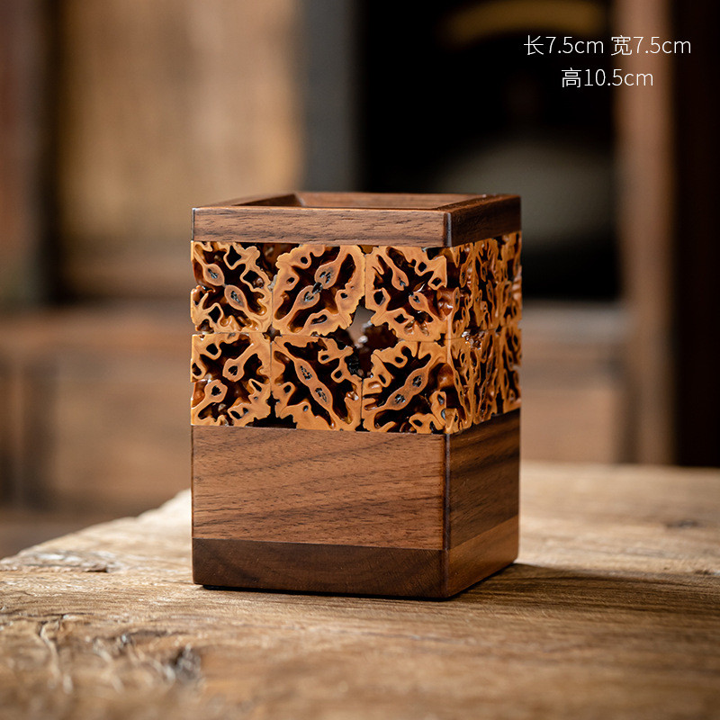 中式复古茶道镂空核桃收纳筒胡桃木笔筒方形茶道六君子筒创意花插