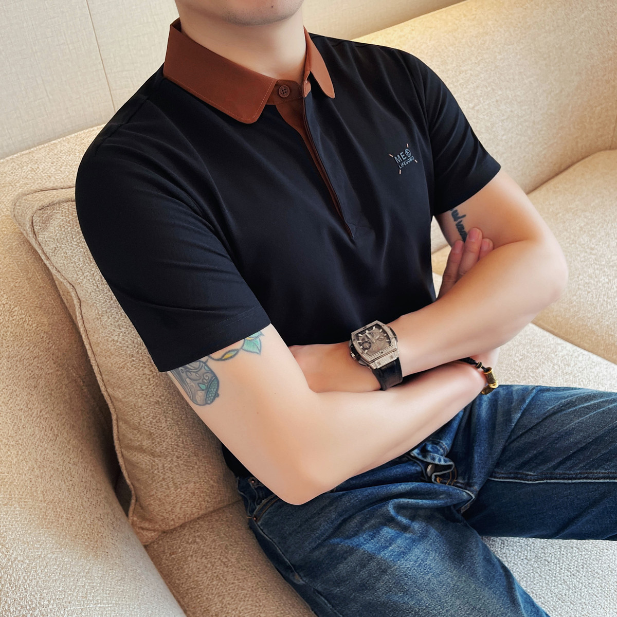 好货撞色翻领短袖T恤男韩版潮流痞帅修身刺绣Polo衫英伦风半袖打
