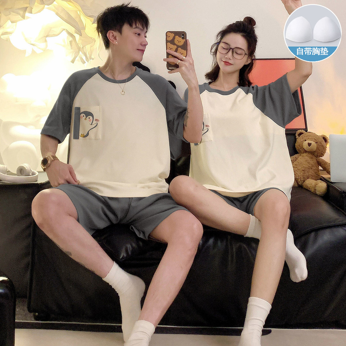 新品情侣睡衣女款夏季带胸垫卡通可爱夏天青少年男士家居服套装可