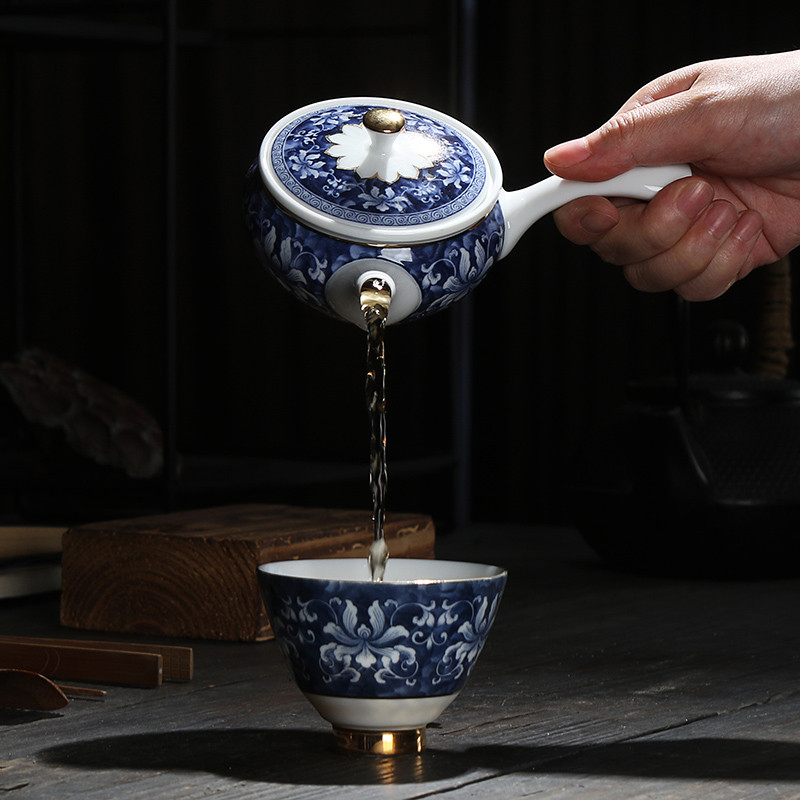 锦上添花侧把青花瓷茶壶 悦陶瓷壶手工心侧把壶功夫茶具描金壶