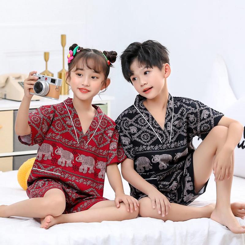 儿童文化洗浴纯棉童男童睡衣浴桑拿家居服服服服汗蒸服可爱亲子卡