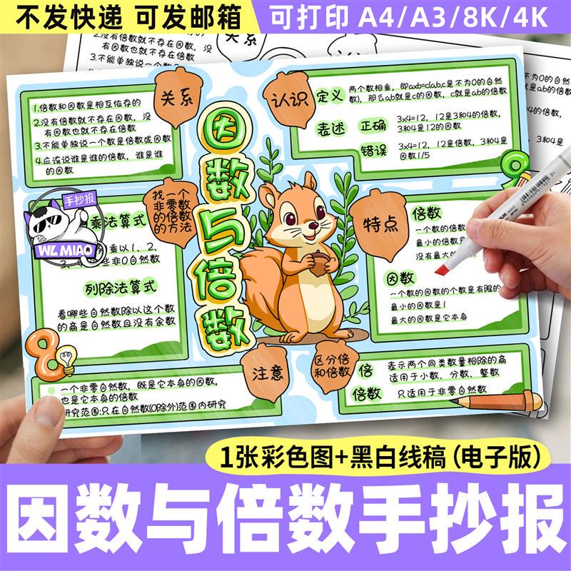 手抄报电子版因数与倍数思维导图电子模板数学五年级下册一单元线
