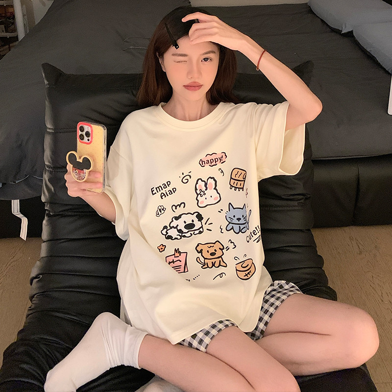 新品纯棉睡衣女夏季新款短袖薄款甜美可爱休闲格子短裤大码家居服