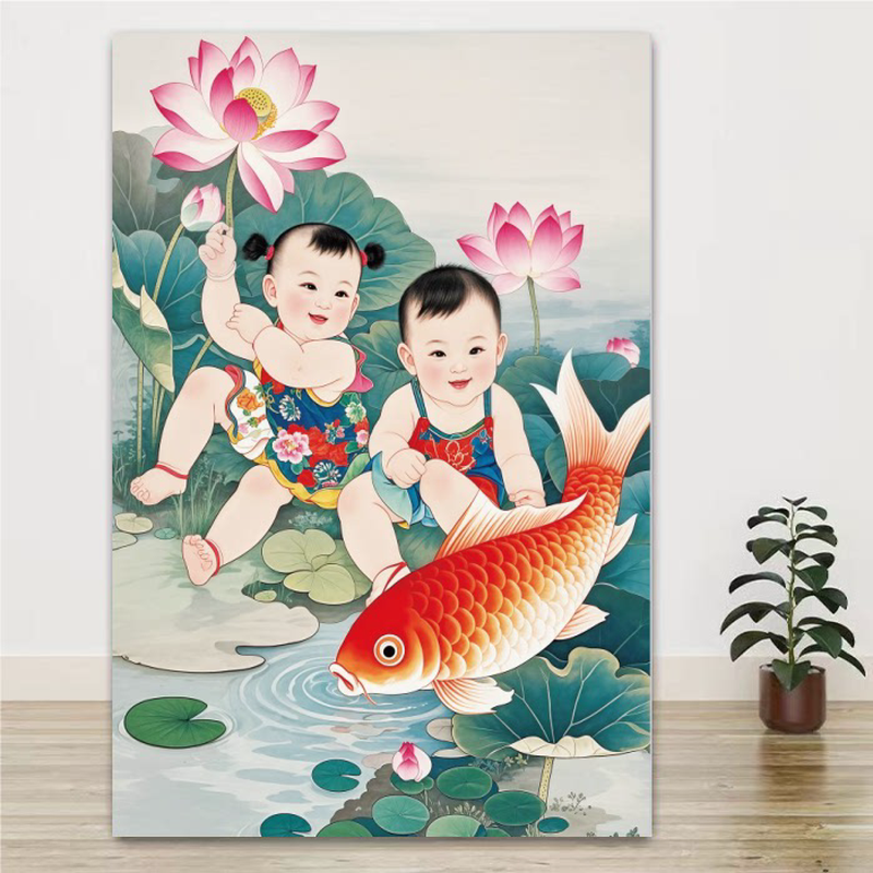 福娃图童男童女红色鲤鱼画客厅卧室床头装饰画年年有余壁画求子图图片