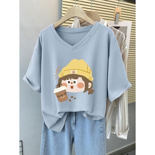 t恤女2025新款 新品 胖mm純棉短袖 夏裝 大碼 寬松減齡顯瘦體恤遮肚V領(lǐng)