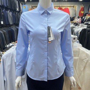 衬衫 速发高品质女士蓝色长袖 竹纤维暗扣弹力防走光面试上班公司工