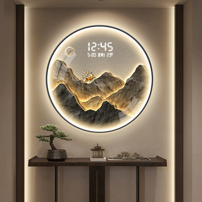 圆形日照金山玄关装饰画夜光电子钟表挂钟客厅餐厅创意时钟壁灯画图片
