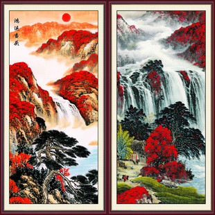 现代靠山山水壁画客厅家居装饰画玄关流水生财国画鸿运当头