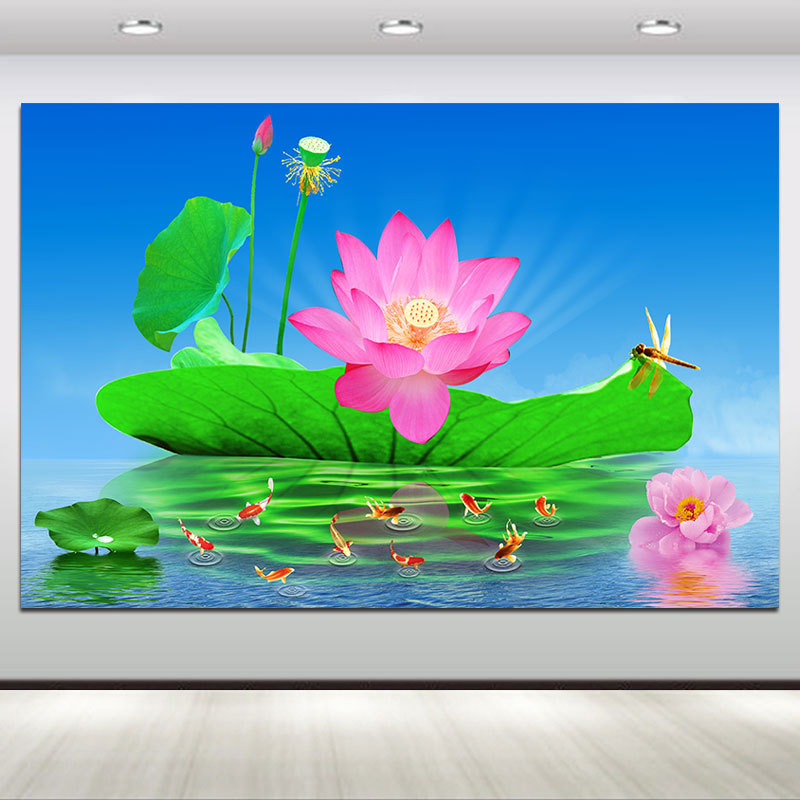 荷花九鱼图装饰画客厅餐厅玄关风水招财壁画电视背景墙自粘画贴画图片
