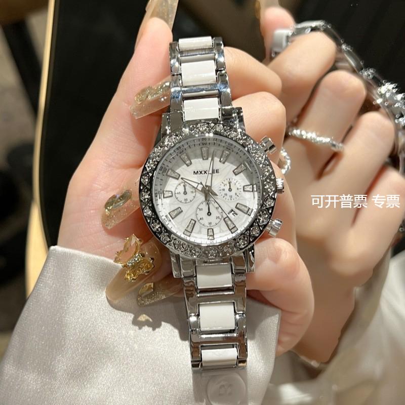 MXXSEE抖音爆款圆形镶钻女表带日历钢带陶瓷腕表防水防汗女士