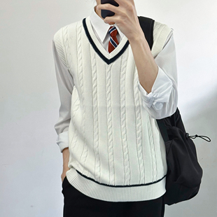 dk毛衣马甲白色青少年学院风学生班服男麻花纯棉针织背心坎肩无袖