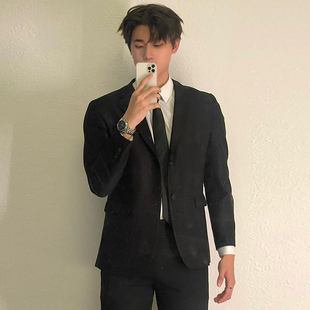 青少年痞帅韩版修身黑色四件西装套装男商务正装正式场合西服外套