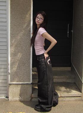 SANSAN韩代 modimood 粉色爱心拼布设计深色阔腿牛仔裤女