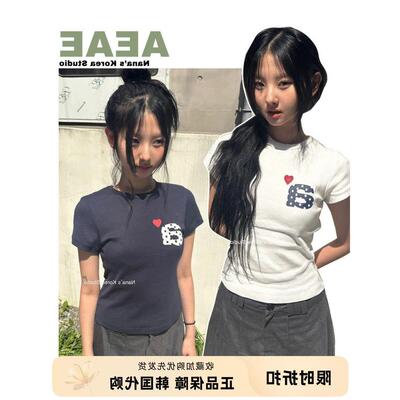 【Nana】韩国aeae短袖女短款修身显瘦小众设计感波点正肩T恤夏季