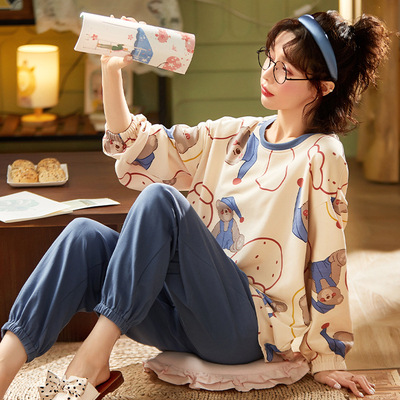 2025新款韩版圆领睡衣男女春秋款长袖可爱大码可外穿家居服套装-2