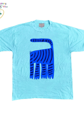 蓝色系干净清爽元气俏皮可爱少女感糖果色撞色小猫涂鸦设计感短袖