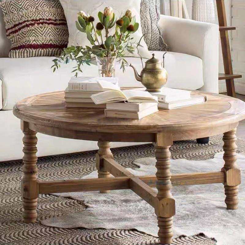 美式复古实木做旧雕刻茶几简约小户型家用圆形轻奢网红原木雕花