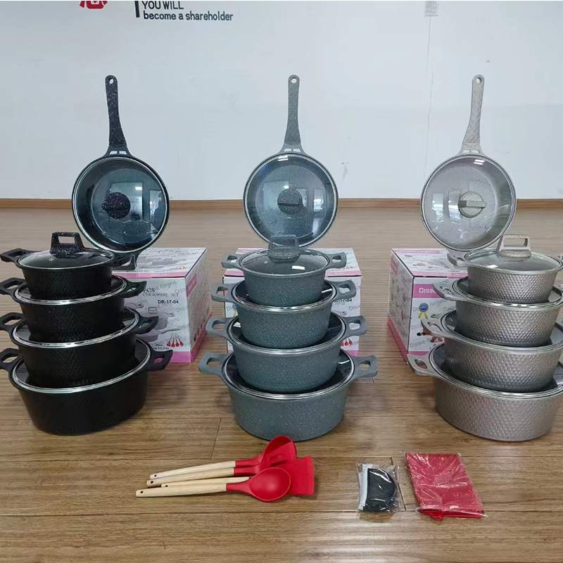 厨房用品17pcs不粘锅套装铝制大理石锅汤锅组合套装麦饭石烹饪锅