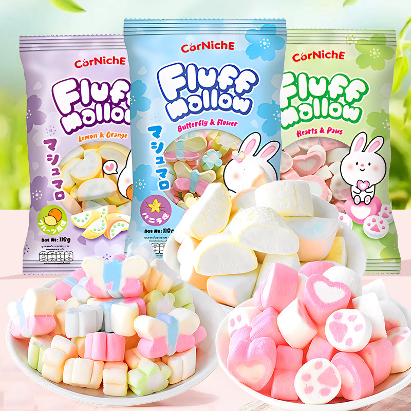 可尼斯香草味蝶恋花形猫爪心形棉花糖118g进口休闲零食