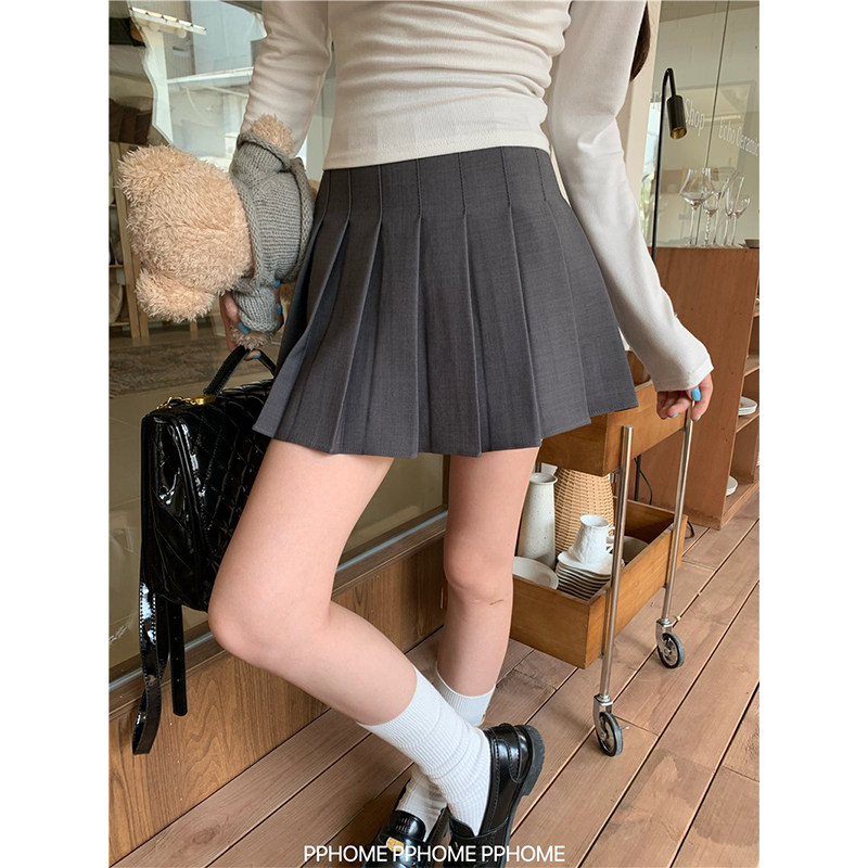 PPHOME自制~A字百褶裙 西装短裙通勤基础学院百搭裙子灰色半身裙
