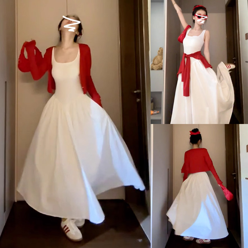 白色吊带连衣裙子女2024新款秋季韩系穿搭法式气质高级感套装长裙