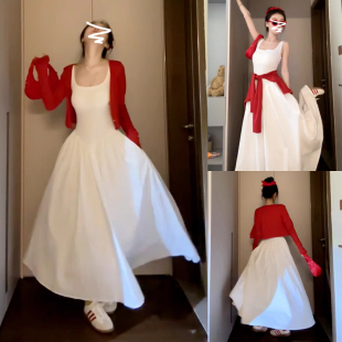 气质高级感套装 韩系穿搭法式 长裙 秋季 白色吊带连衣裙子女2024新款