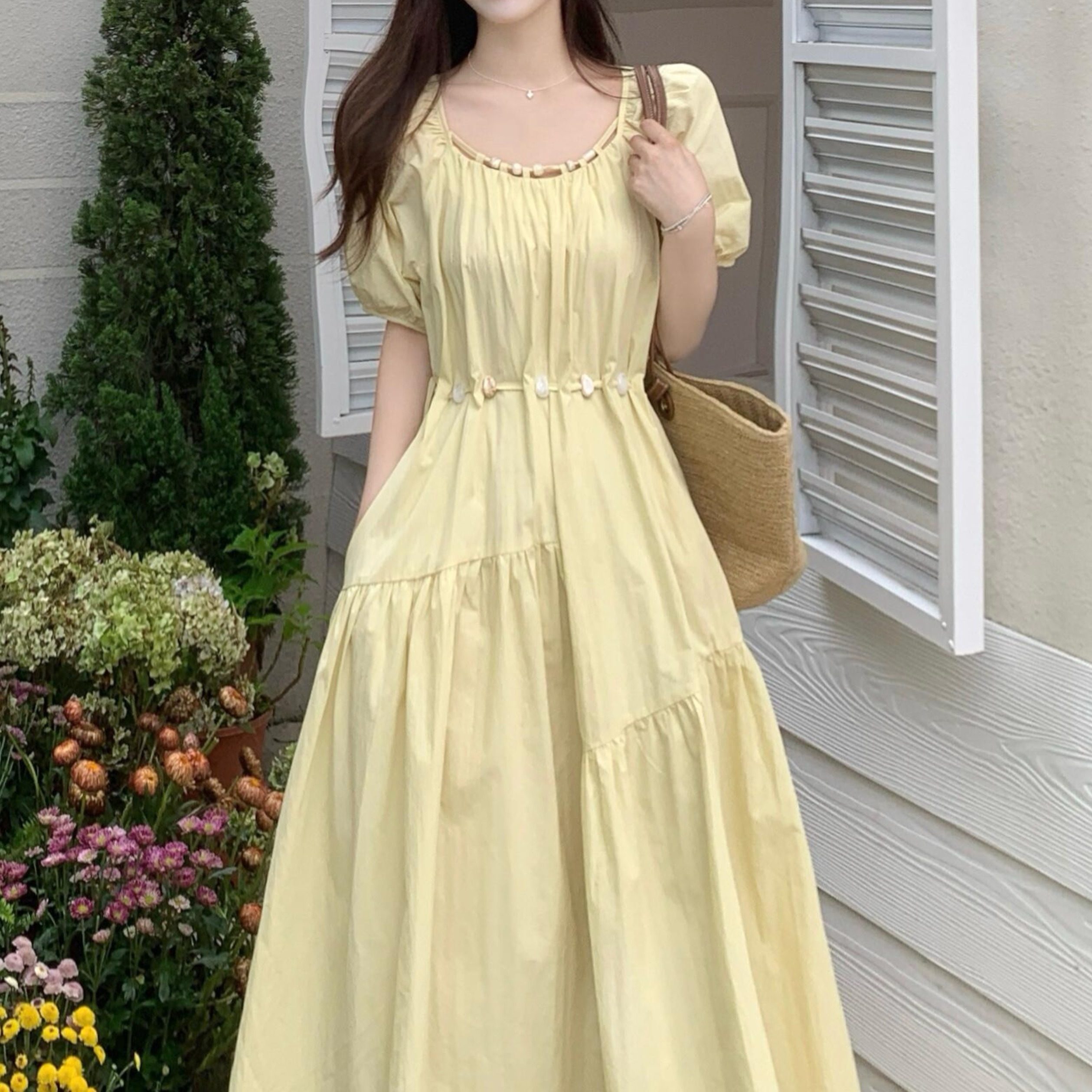 尺码法式衬衫式洋装女夏季胖MM甜美泡泡袖遮肉显瘦减龄黄色长裙子