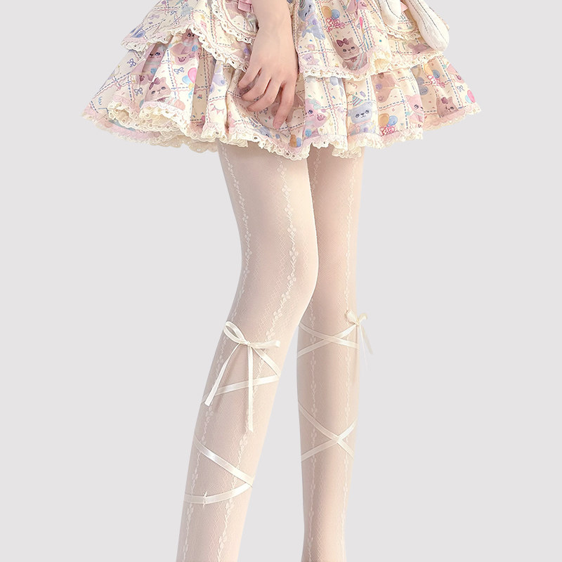 日系洛丽塔袜子甜美交叉绑带Lolita连裤袜女蝴蝶结印花白色丝袜jk