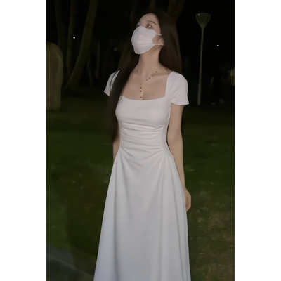 白色短袖连衣裙子女2024夏季新款法式茶歇小个子收腰显瘦吊带长裙