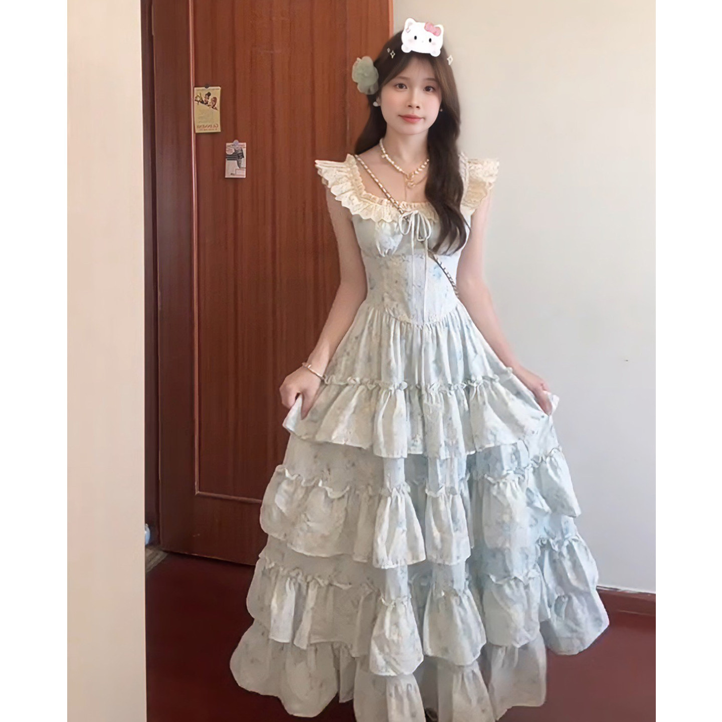 ?院??色碎花蓬蓬洋?女夏多巴胺甜美刺?吊?蛋糕裙收腰?裙