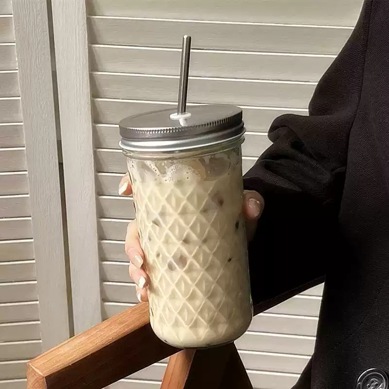 高颜值玻璃吸管杯玻璃杯大容量奶茶杯梅森杯美式自制冷饮杯水杯