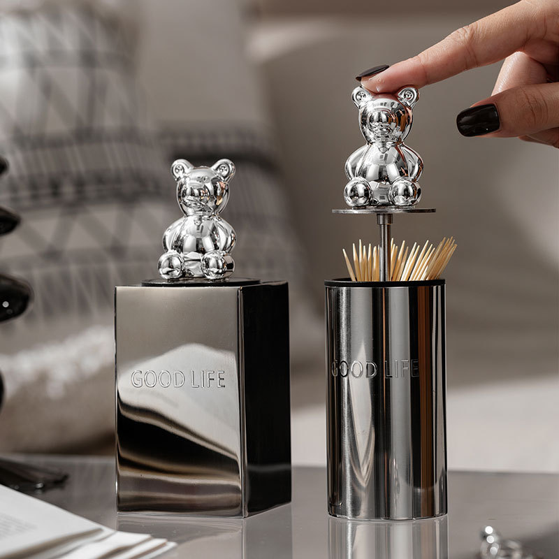 高颜值个性小熊牙签筒轻奢家用按压牙签盒酒店防潮金属牙签罐