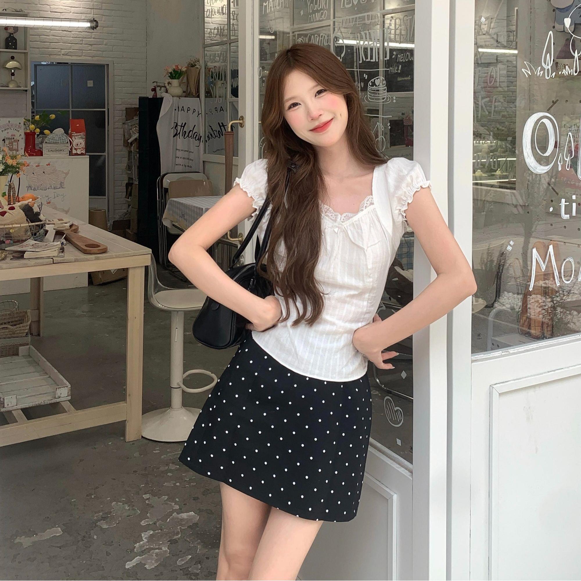 黑色波点西装短裙女夏季薄款大码胖mm遮肚显瘦梨型身材a字半身裙